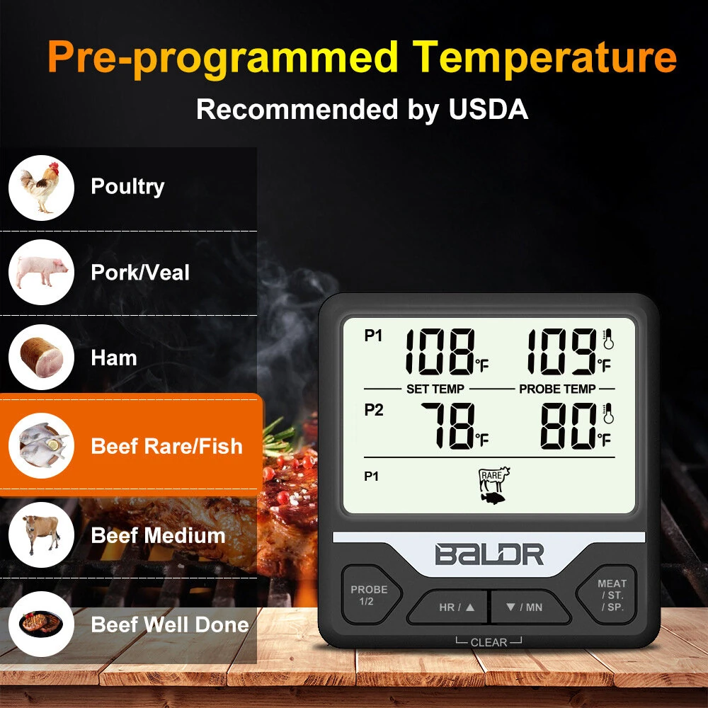 (image for) BALDR Split Dual Probe Food Thermometer Large Screen Electronic Food Thermometer Intelligent Split Digital Display Dual Probe Barbecue Fork Temperature Warning
