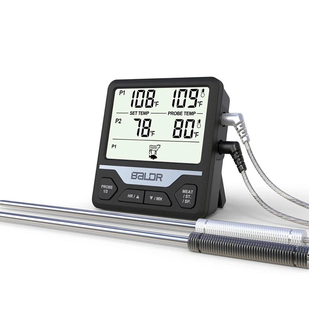 (image for) BALDR Split Dual Probe Food Thermometer Large Screen Electronic Food Thermometer Intelligent Split Digital Display Dual Probe Barbecue Fork Temperature Warning